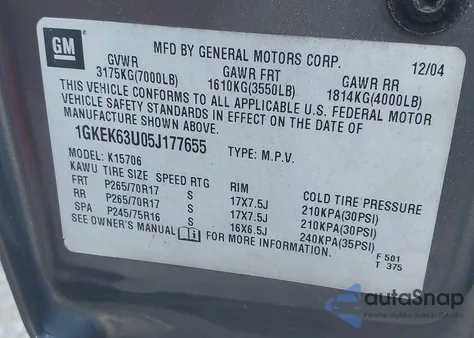 2005 GMC Yukon Denali из США, поврежденный, VIN 1GKEK63U05J177665